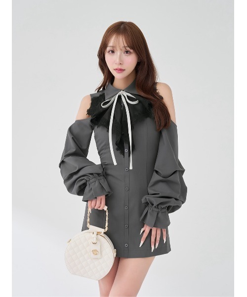 ショルダースカラップフリルシャツミニワンピース（ワンピース