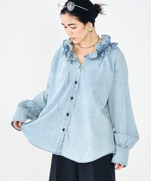 セール】【RM denim】フリルギャザーデニムブラウス（シャツ/ブラウス