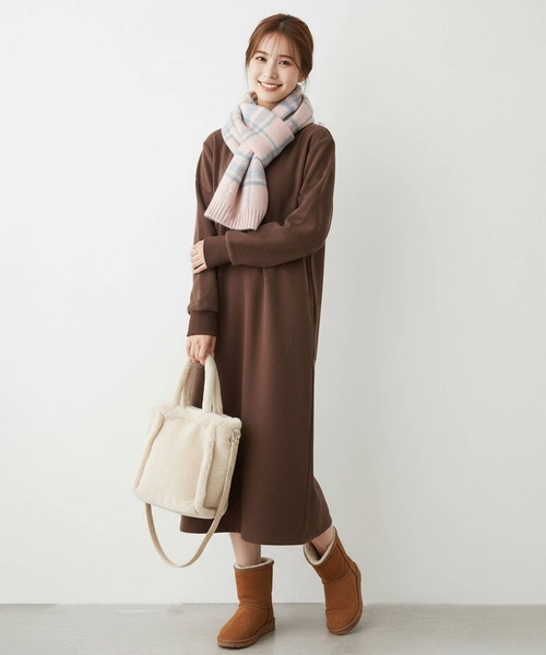 セール】ワンピース 裏起毛 長袖 ロング ミモレ丈ワンピース 裏起毛