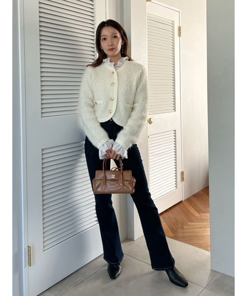 セール】ファーライクフリルニットジャケット（ノーカラージャケット