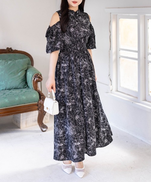 2way花柄オープンショルダーフレアワンピース[大人 フェミニン 上品