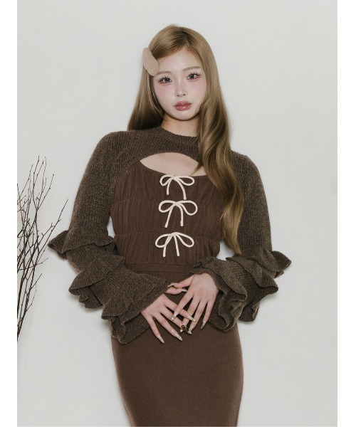 リボンデザインシャギーニットロングワンピース（ワンピース）｜Darich