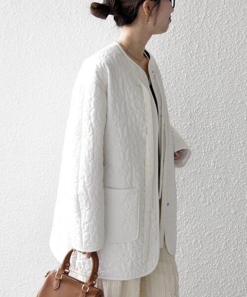 セール】SHIPS any: キルティング ステッチ ノーカラー ミディ コート