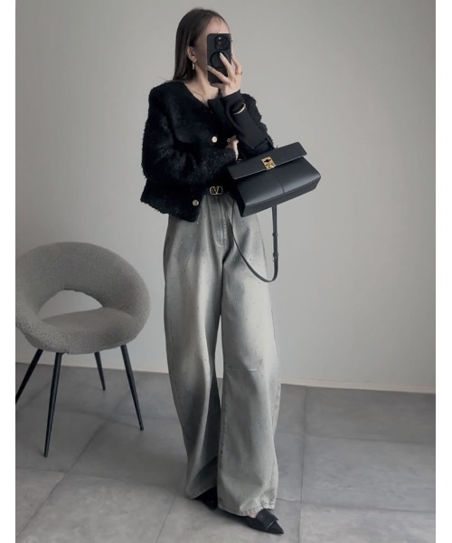 セール】[入卒式 セレモニー]ボアリボン金釦ノーカラーツイード