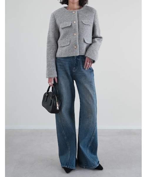 セール】[入卒式 セレモニー]ボアリボン金釦ノーカラーツイード