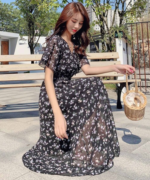 レディース Vネック花柄ウエスト絞りふんわりロングワンピース