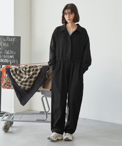 セール】比翼デザイン ドローコード付きジャンプスーツ（つなぎ