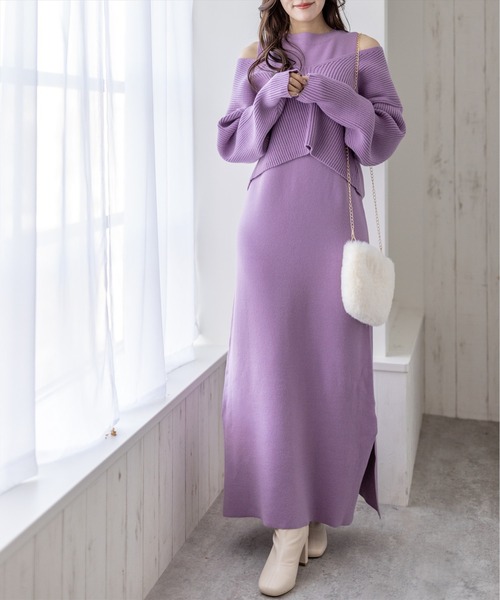 バロック風ビーズ装飾付きパープルアンクル丈ニットワンピース coyseio