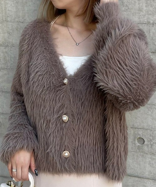 clear（クリア）の「ビジューボタンフェザーショートカーディガン [着