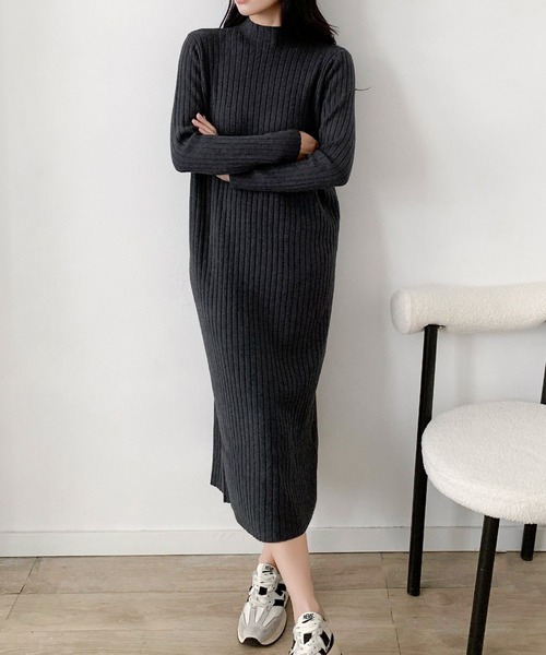 リブニット ハイネック ロングワンピース 冬 きれいめ 秋冬 長袖