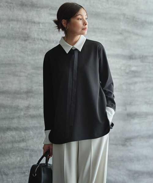 マラボーテWジョーゼット ボウタイ付きシャツカラートップス（Tシャツ