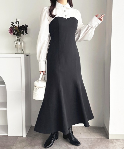 セール】バックリボンビジューシャツドッキングワンピース【ZOZOTOWN