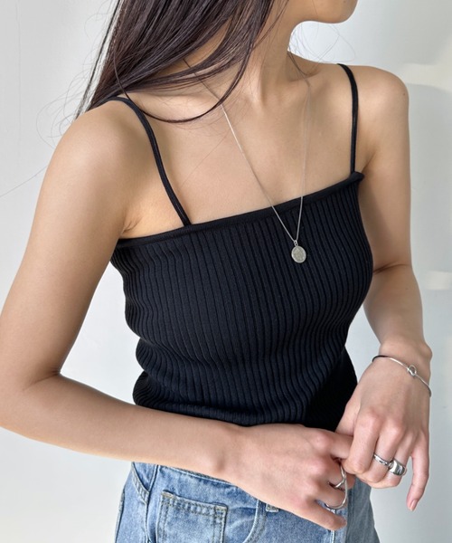 セール】【全23色】ダブルストラップ スクエア リブ キャミソール