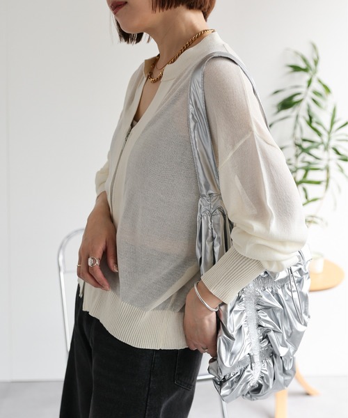 セール】シアーZIPニットカーディガン/ 透かし編みニット