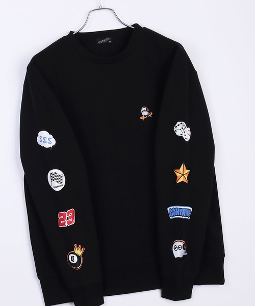 セール】スケボーおばけ 刺繍 袖プリント 裏起毛 長袖トレーナー
