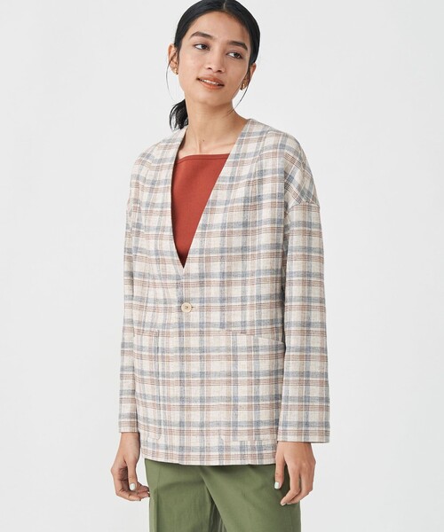 セール】ツイードチェック ノーカラージャケット（ノーカラー