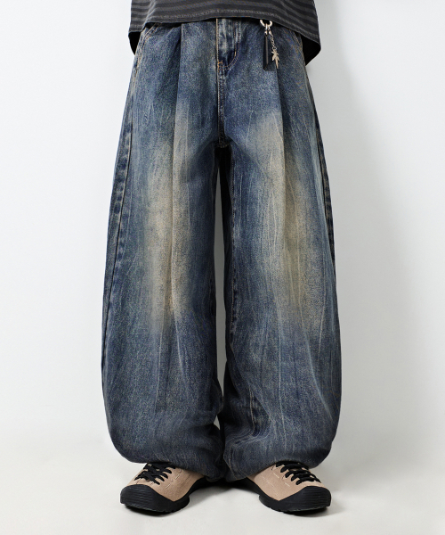 ワンタックカーブドクリースウォッシングワイドデニムパンツ_ダスト