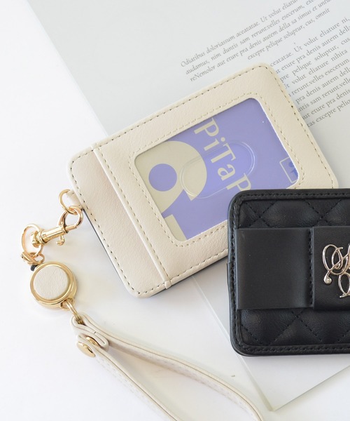 キルティング 千鳥 リール付き 定期入れ ICカード リボン パスケース