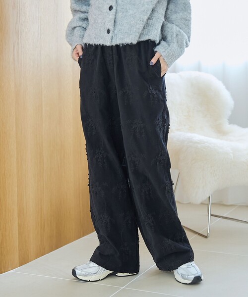 セール】3Dフラワー刺繍 コーデュロイイージーワイドパンツ【インフル