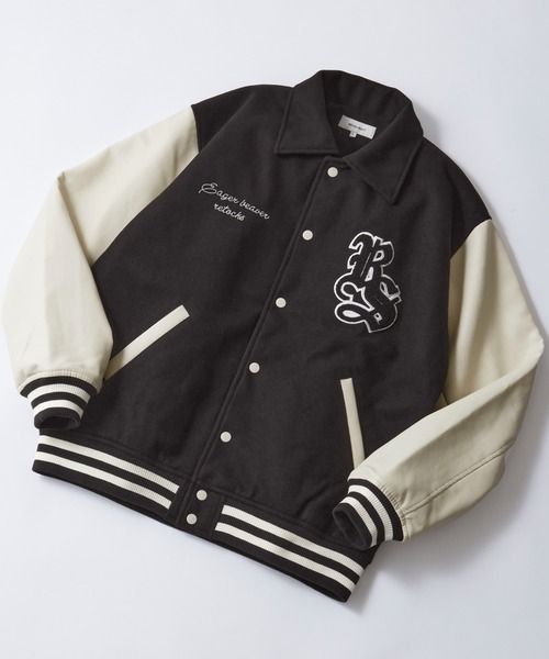 COOTIE PRODUCTIONS 襟付き短丈 袖革スタジャン チェーン刺繍 Cootie