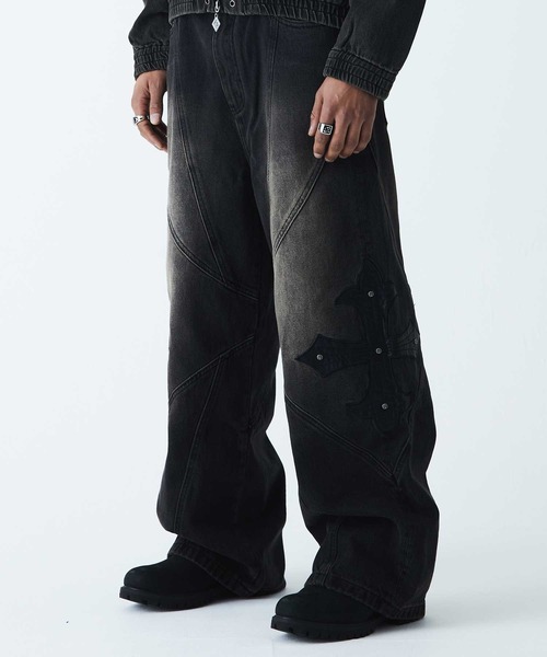 セール】デニムパンツ｜Cross Leather Patch Baggy Denim Pants