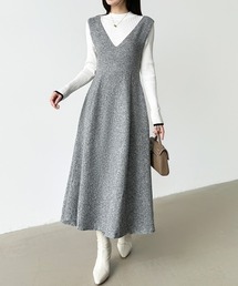 vネックワンピ 秋」に該当するグレー/灰色系のレディースファッション