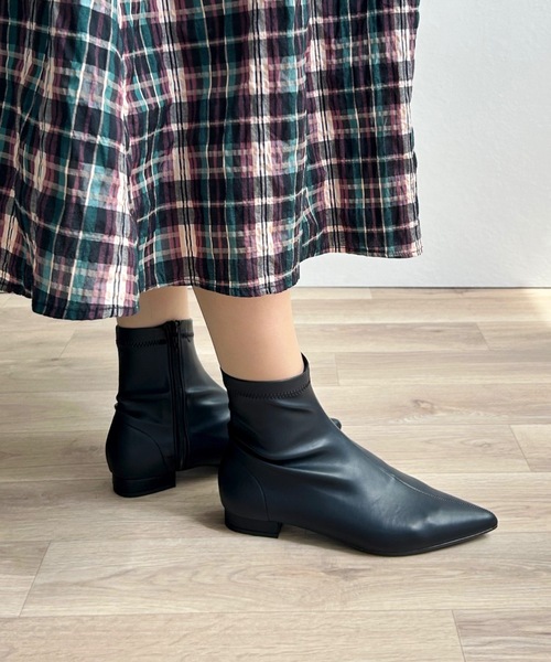セール】ポインテッドトゥ ストレッチ フラットブーツ（ブーツ