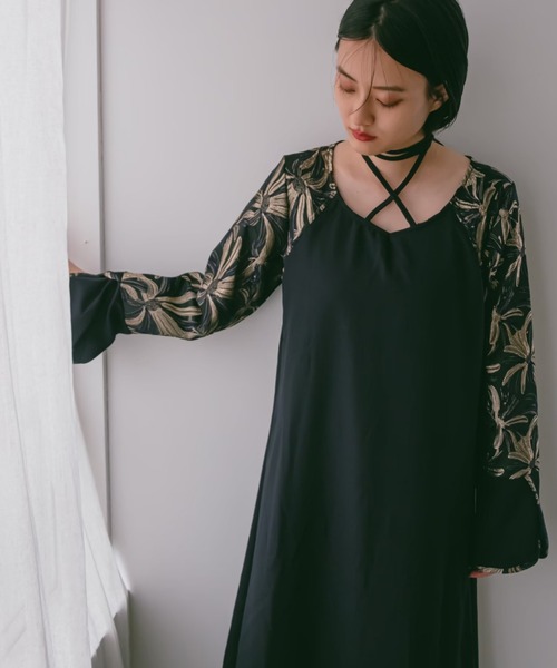 クロスネックジャガードスリーブドレス/Cross Neck JQ Sleeve Dress