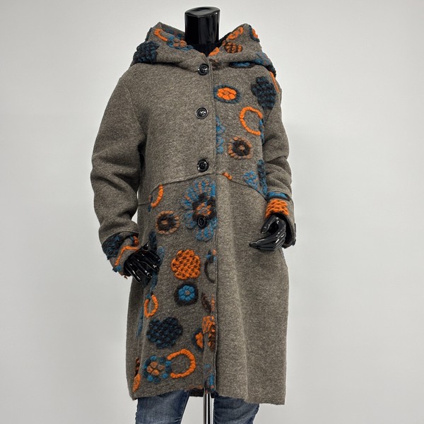 人気商品【イタリア製】パネルマルチ花柄圧縮ウールコート/フード襟