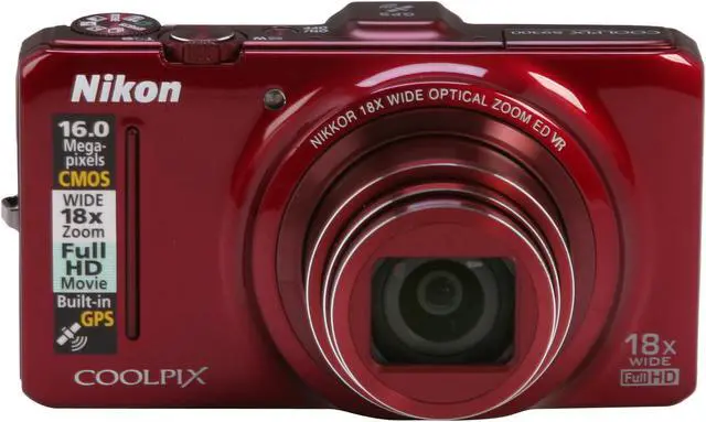 Nikon Coolpix S9300 Red 16 MP 25mm Wide Angle Digital Camera HDTV