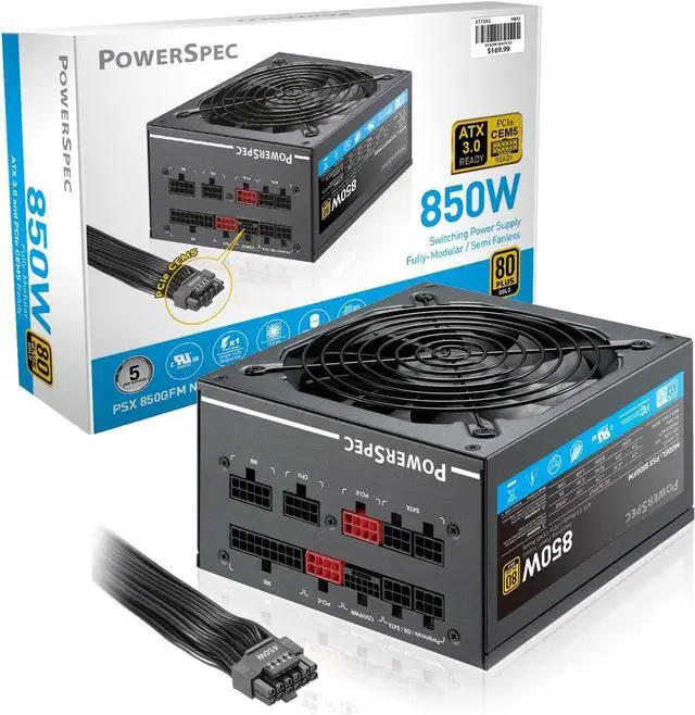 PowerSpec 850W Power Supply Fully Modular 80 Plus Gold Certified