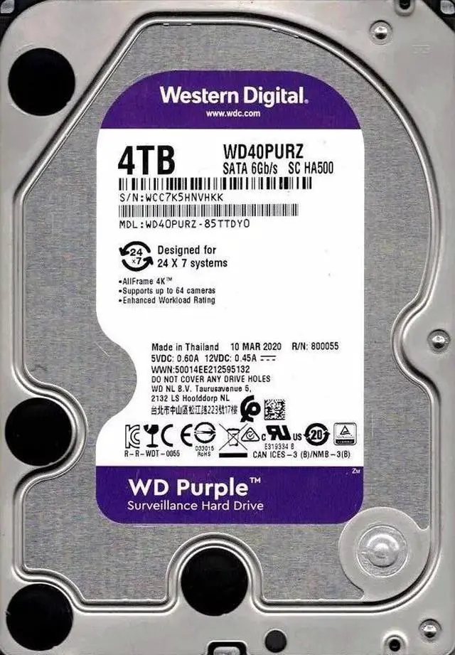 Refurbished: Western Digital WD40PURZ-85TTDY0 4TB SATA 6Gb/s HDD