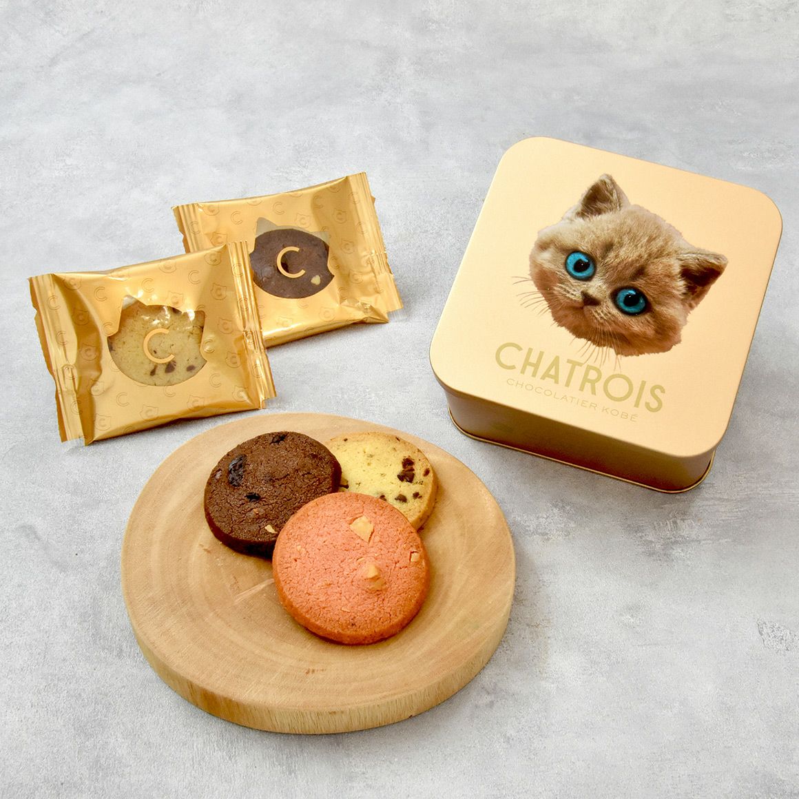 金のフェイス缶 サブレ3種5枚入｜猫スイーツ・猫モチーフお菓子通販