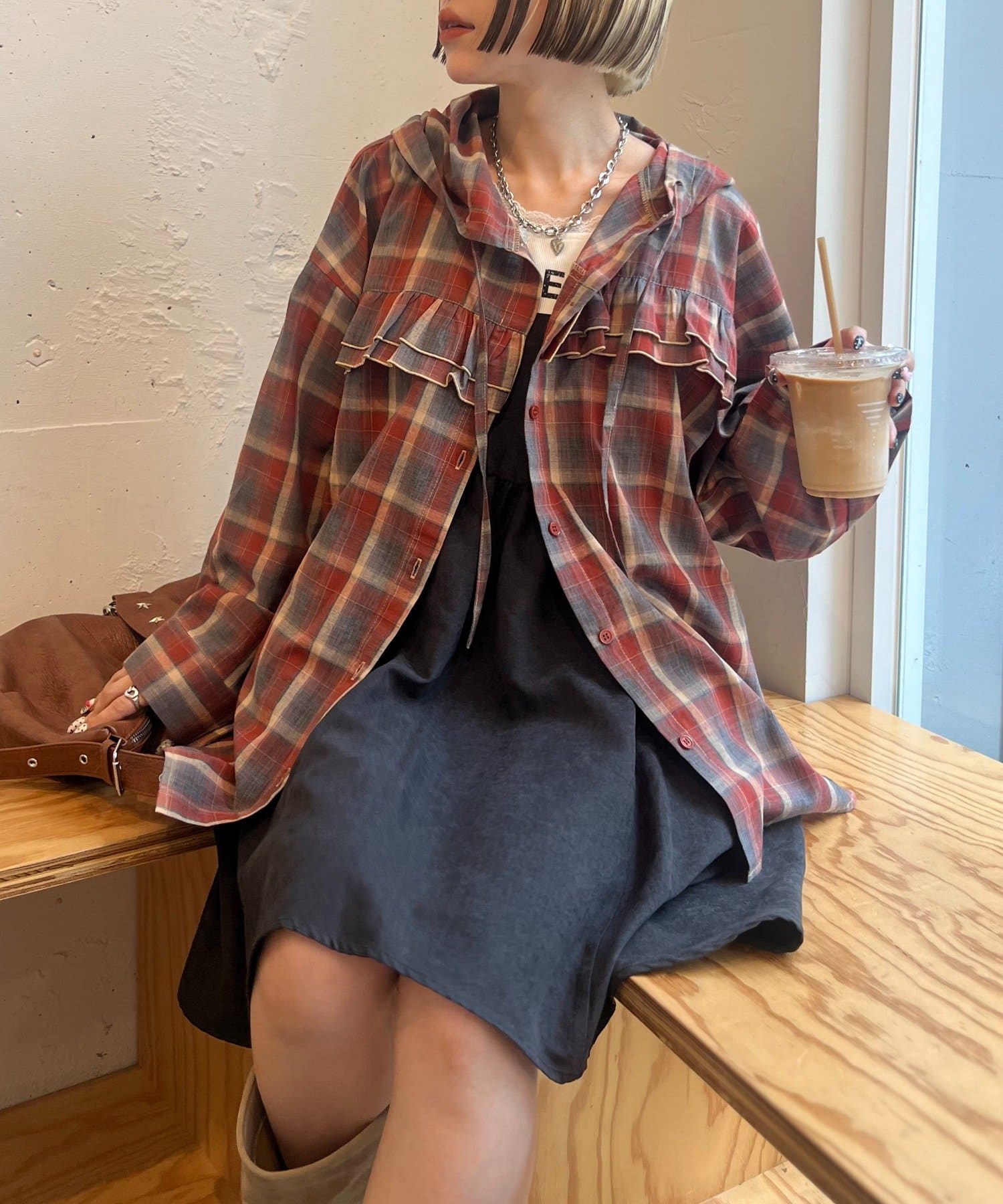25AW】チェックフリルフーディーシャツ | w closet(ダブルクローゼット