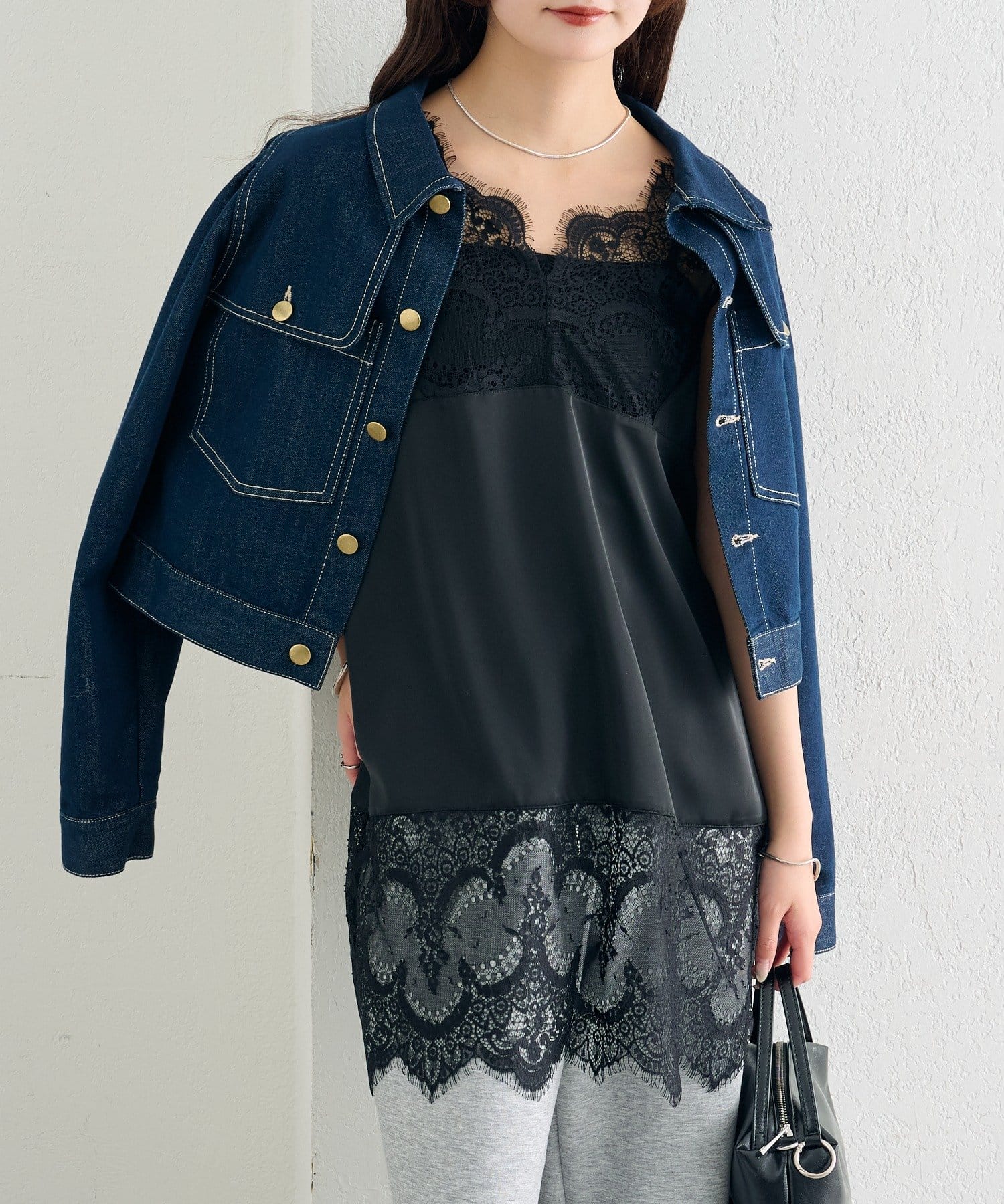 大人っぽいレイヤードスタイルに】《新色ピンク》レースサテン