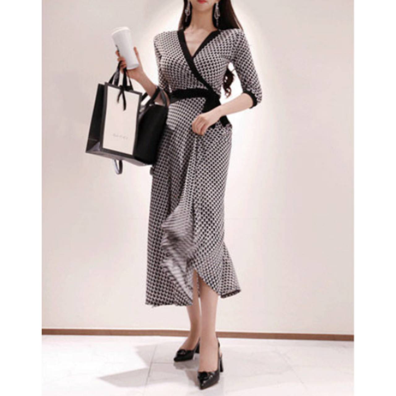 ラップドレス ワンピース Vネック 深Vネック カシュクール 7分袖