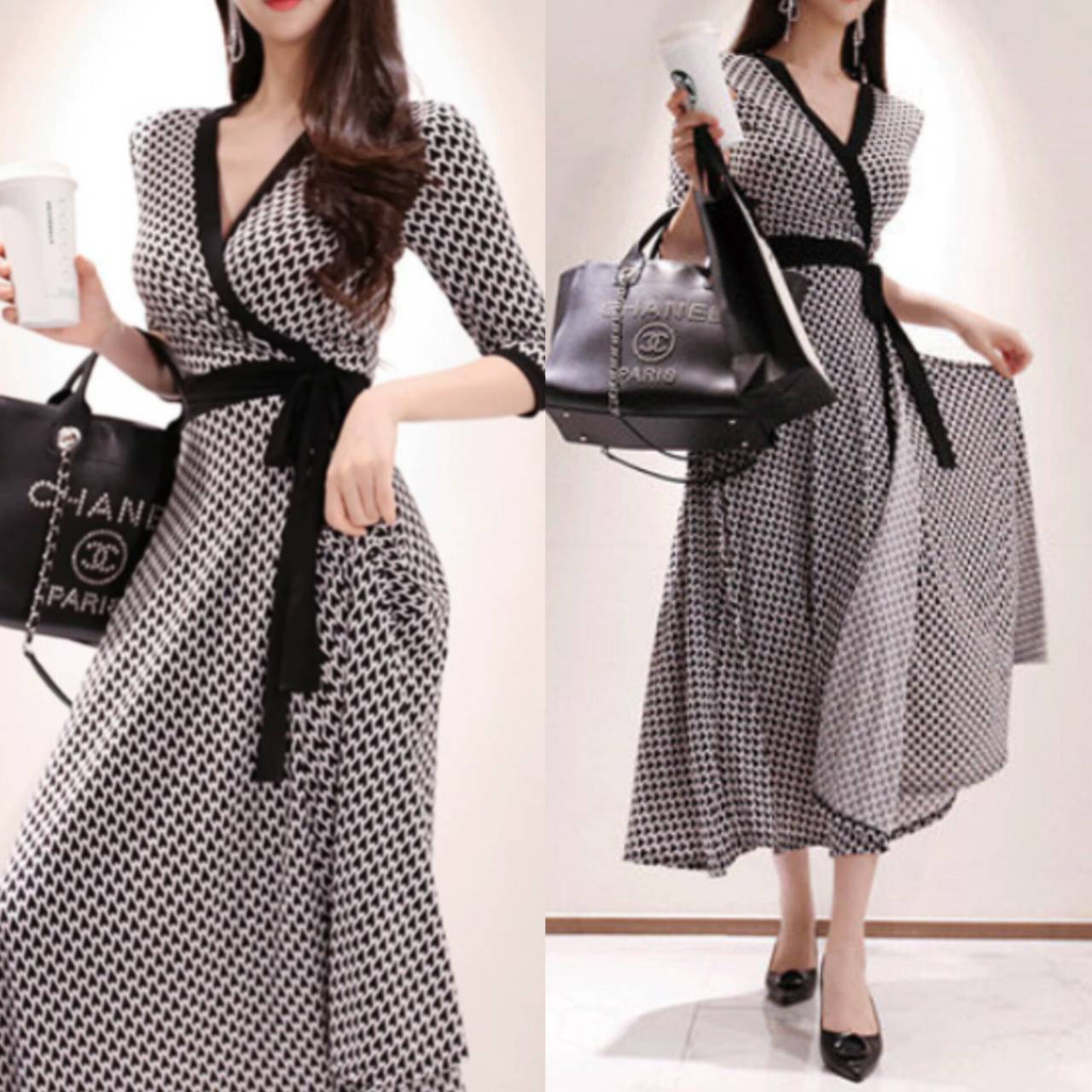 ラップドレス ワンピース Vネック 深Vネック カシュクール 7分袖