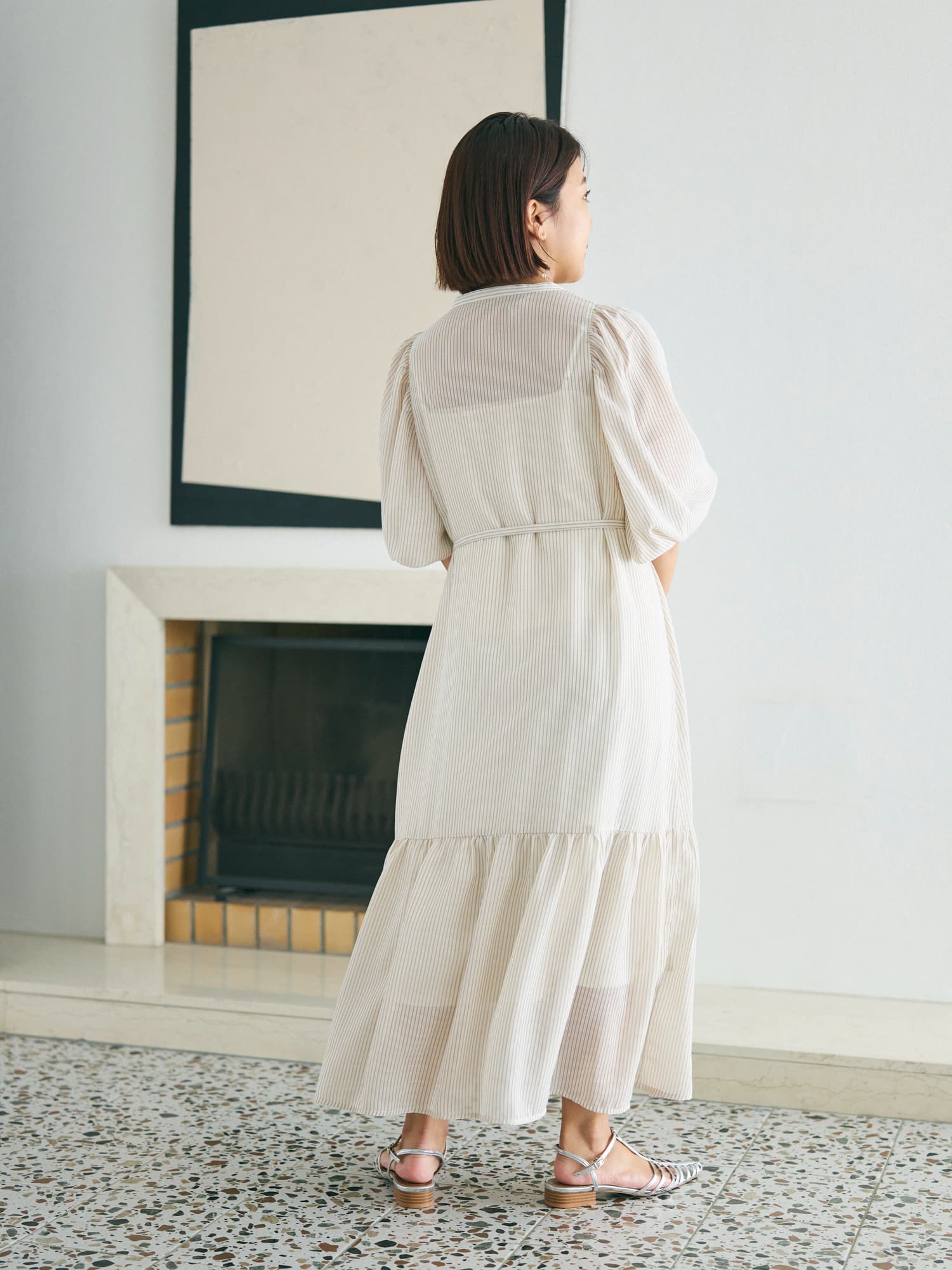 シアーストライプギャザースリーブワンピース-short & regular | 小柄