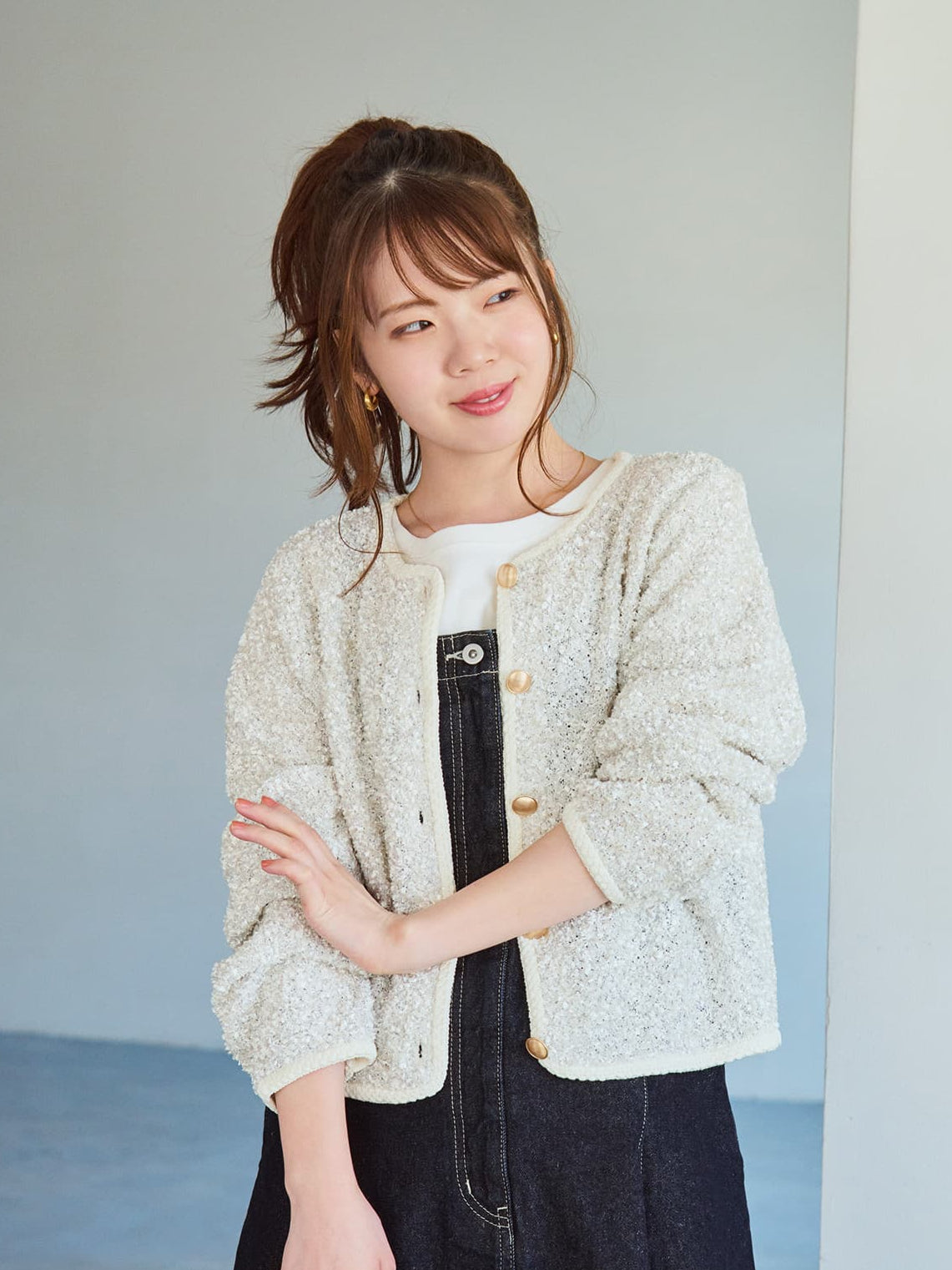 ツイードゴールドボタンニットカーディガン | 小柄・低身長女性向け