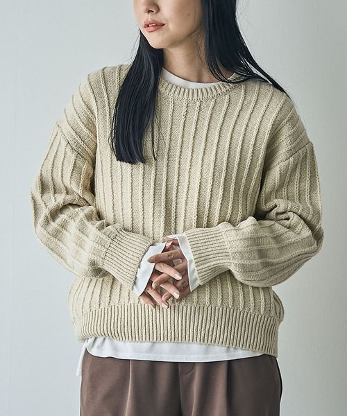 毛玉抑制/帯電防止】チェーンストライプクルーネックニット