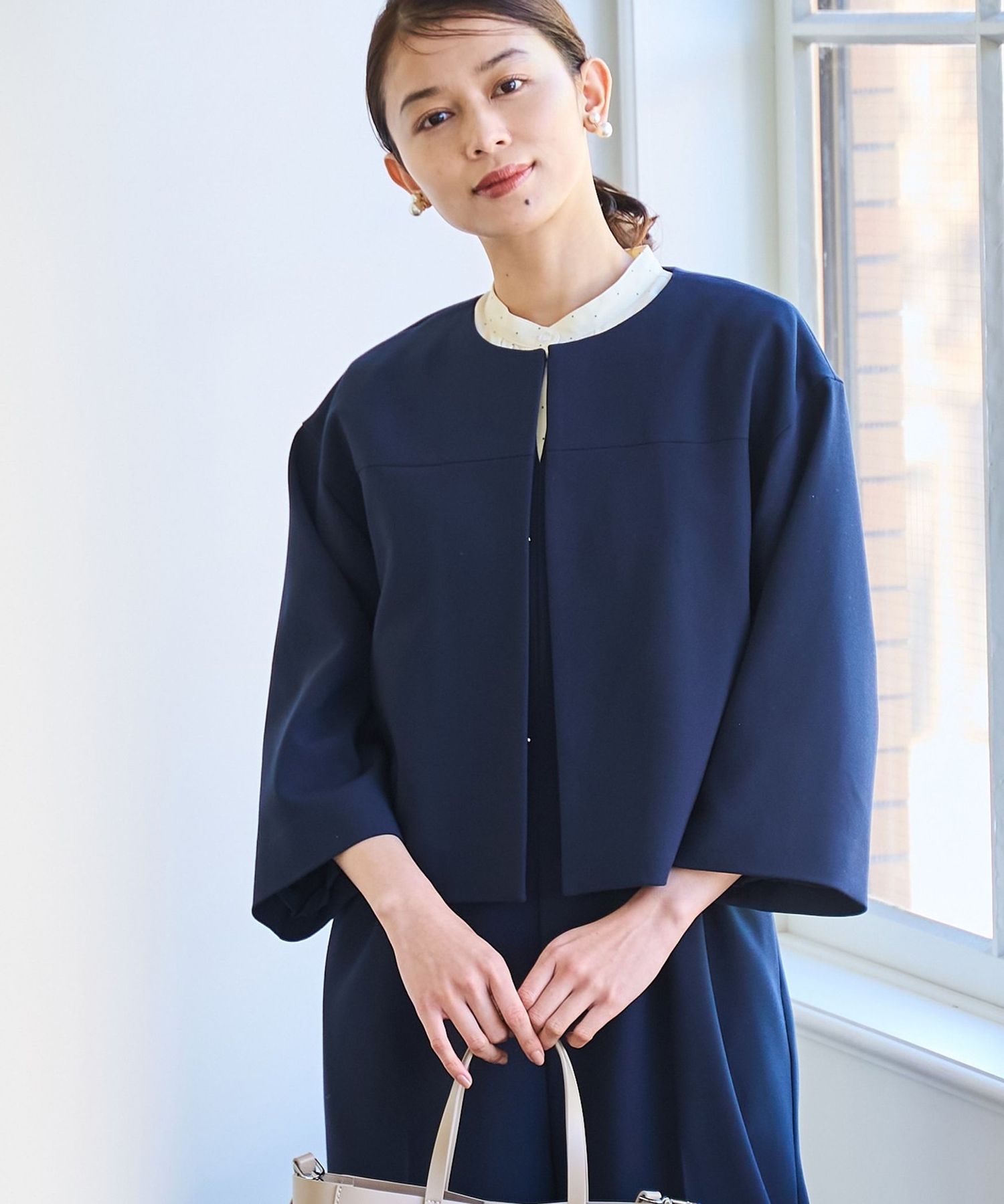 RONEL】ダブルクロスノーカラーショートジャケット(セットアップ対応可能)