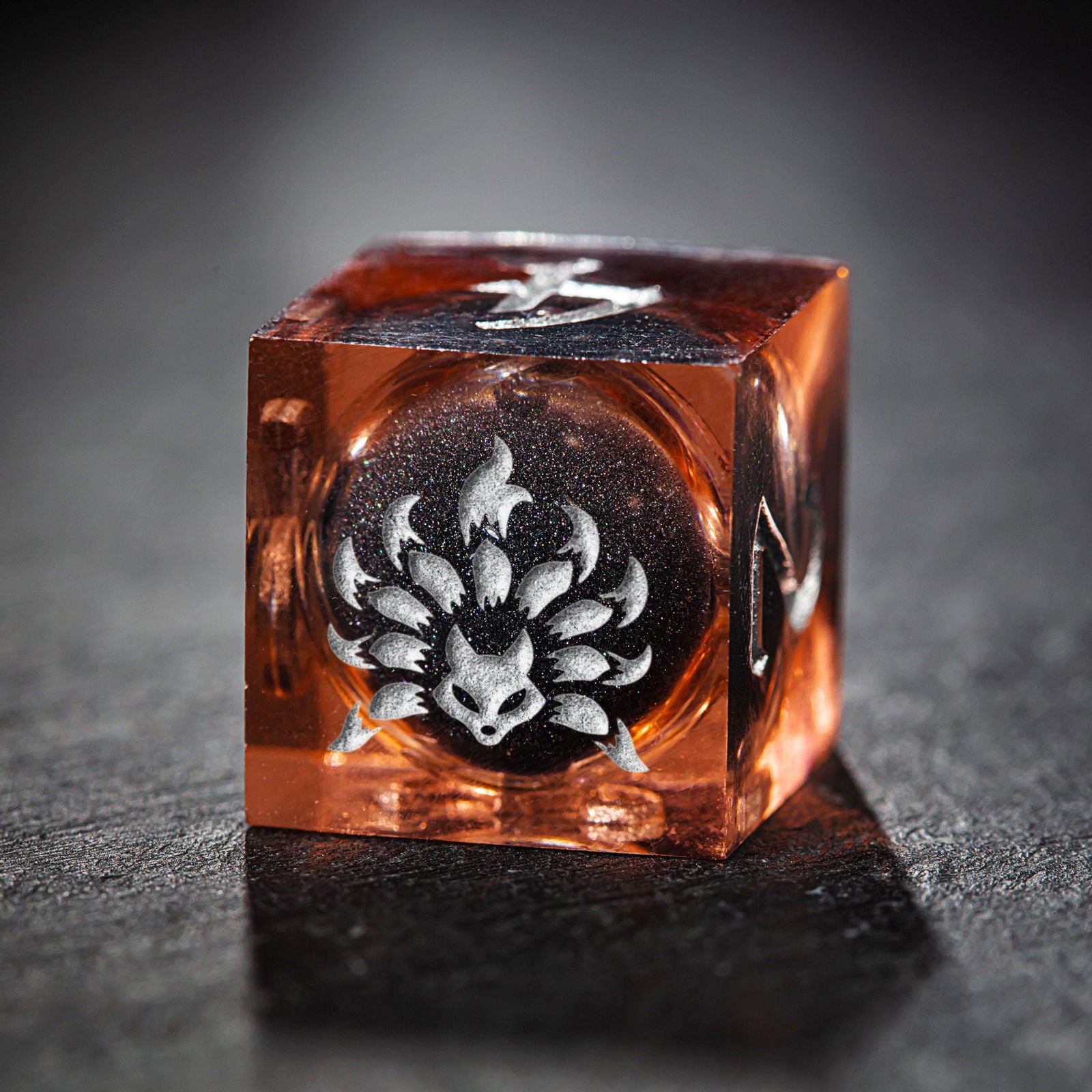 Black Liquid Core Resin Transparent Orange kitsune Dice