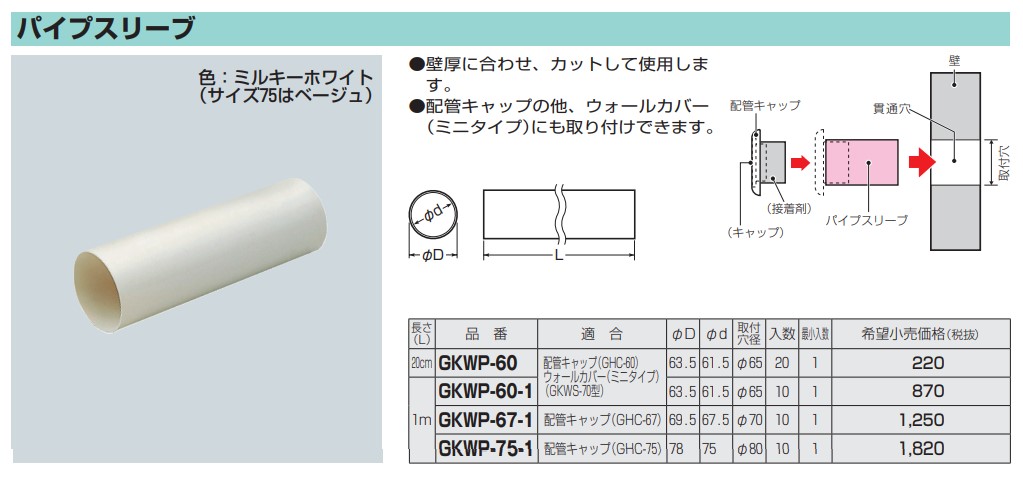 GKWP-75-1 未来工業 エアコン設置用部材 電設資材 エアコン配管材