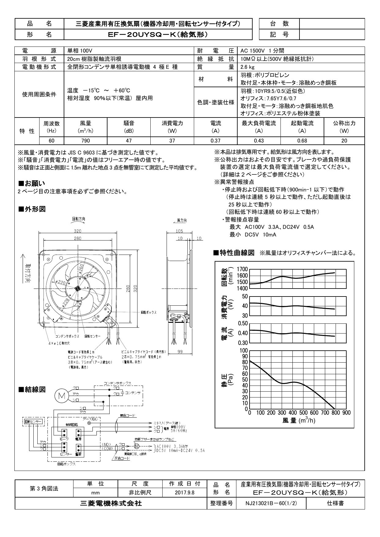 EF-20UYSQ2-K 三菱電機 業務用・工業用換気扇 産業用有圧換気扇機器