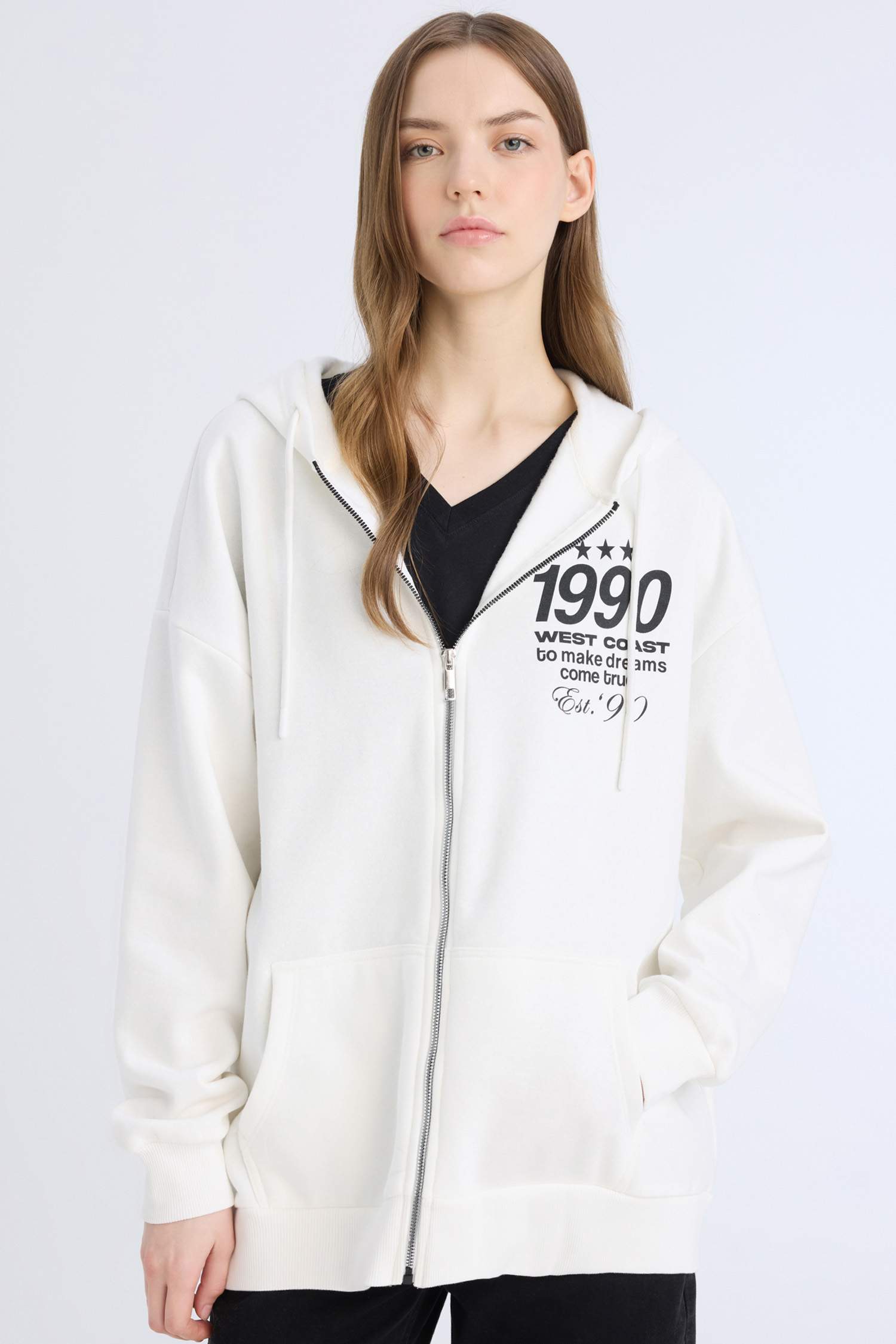 Beyaz Kadın Oversize Geniş Kalıp Kapüşonlu Baskılı Fermuarlı Kalın