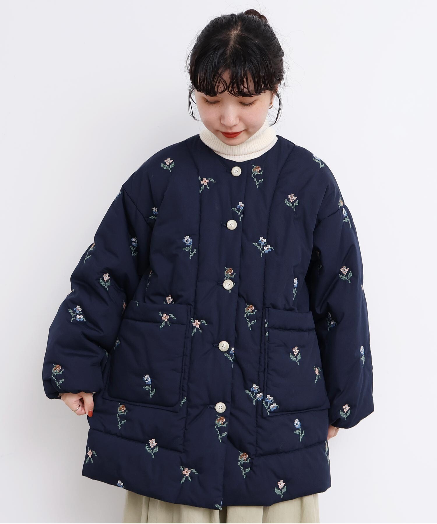 AMBIDEX Store 〇お花のクロスステッチ キルト刺繍コート(F キナリ): l