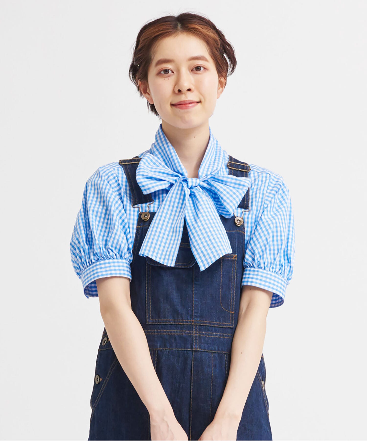 AMBIDEX Store タイプライター無地/ギンガム 5分袖ボウタイブラウス(F