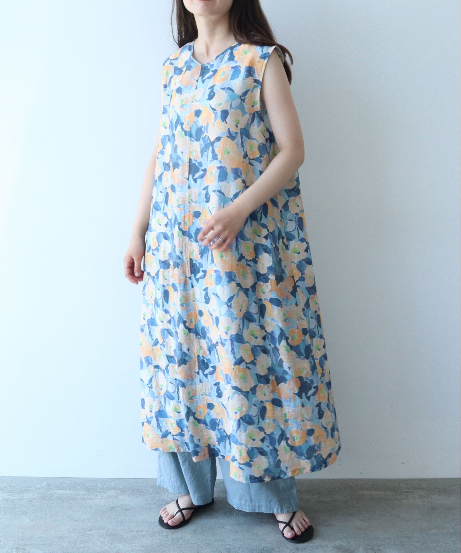 AMBIDEX Store ○水彩花プリント ノースリーブフレア ワンピース(F