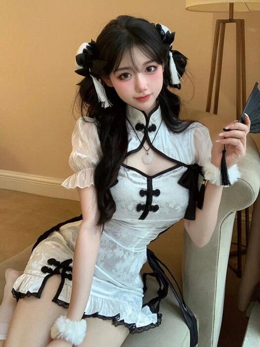 チャイナ服 パンダカラー サテン チャイナドレス セットアップ