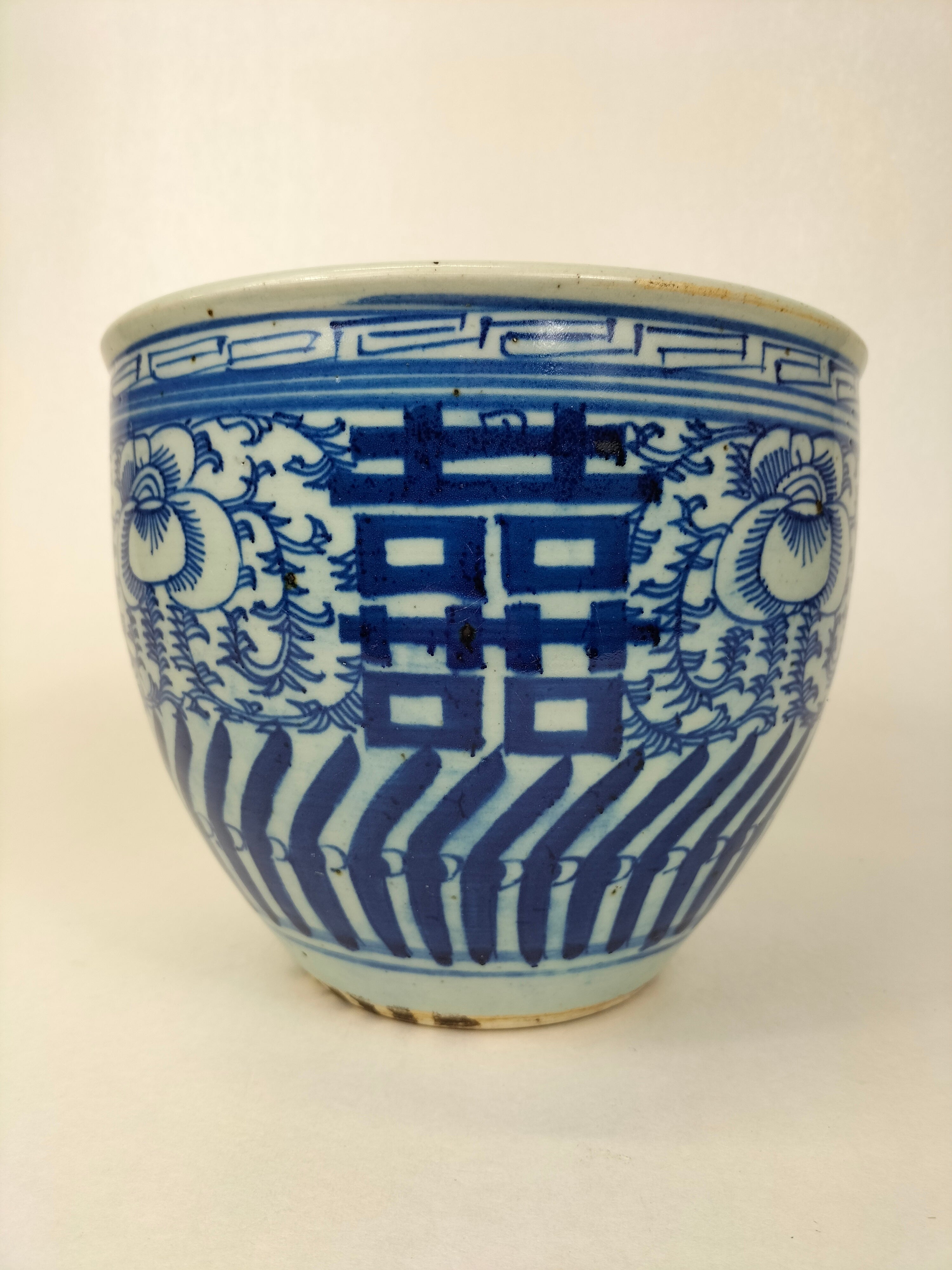 大型古董中国双喜花盆//蓝白相间- 清朝- 19 世纪– Diddenantiques